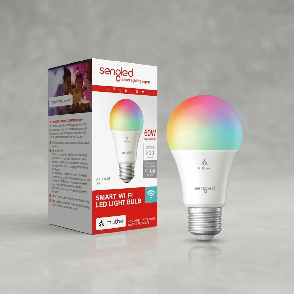 Sengled Smart Wi-Fi LED Light Bulb Matter Multicolor A19 60W